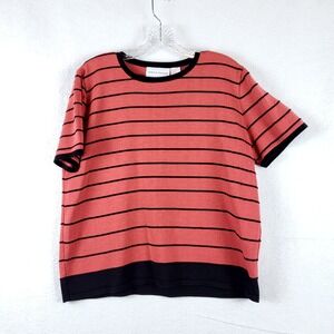 Alfred Dunner Womens Short Sleeve Striped Knit Sweater Top Red Black Size M